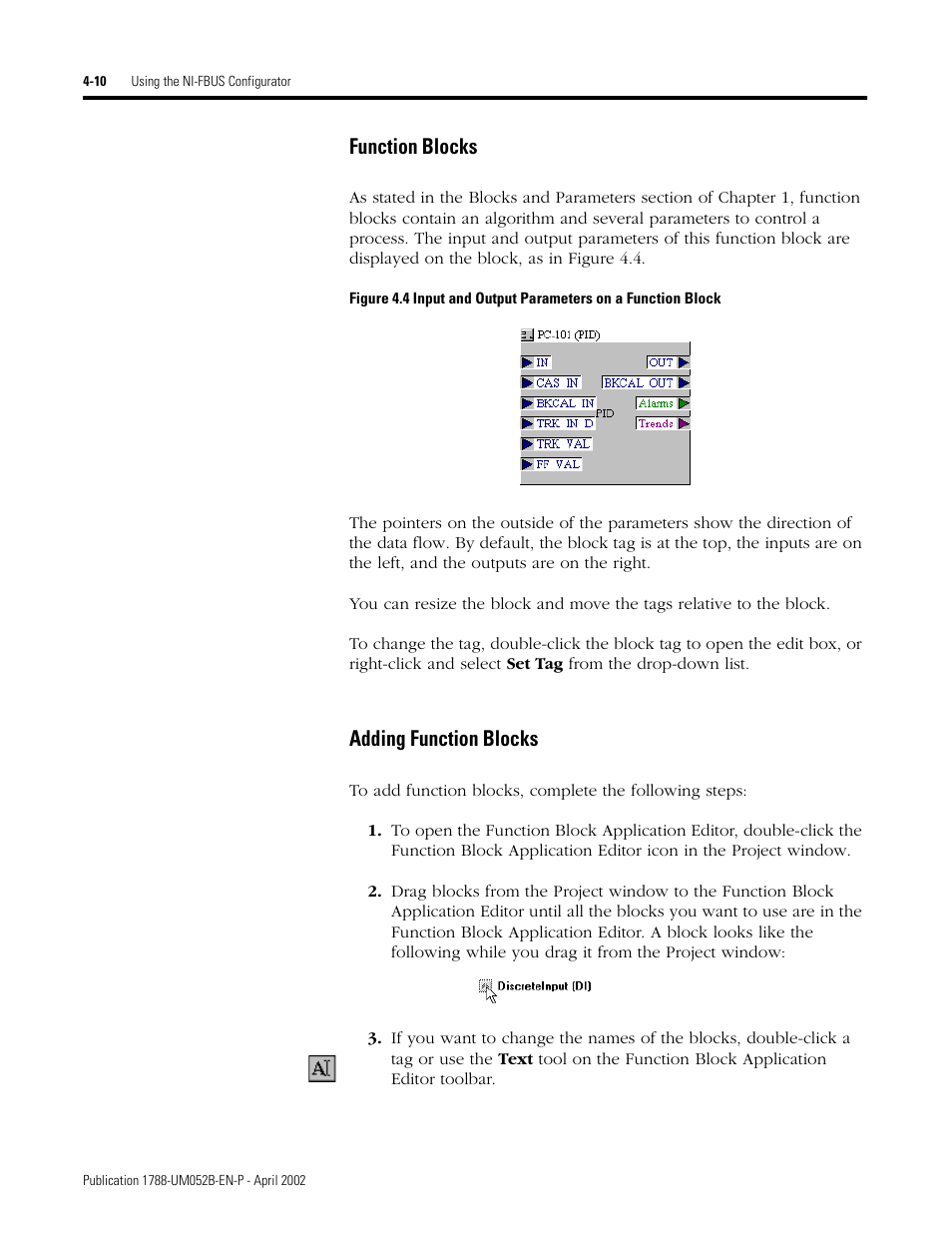 Function blocks -10 adding function blocks -10, Function blocks, Adding function blocks | Rockwell Automation 1788-FFCT NI-FBUS Configurator User Manual User Manual | Page 38 / 86