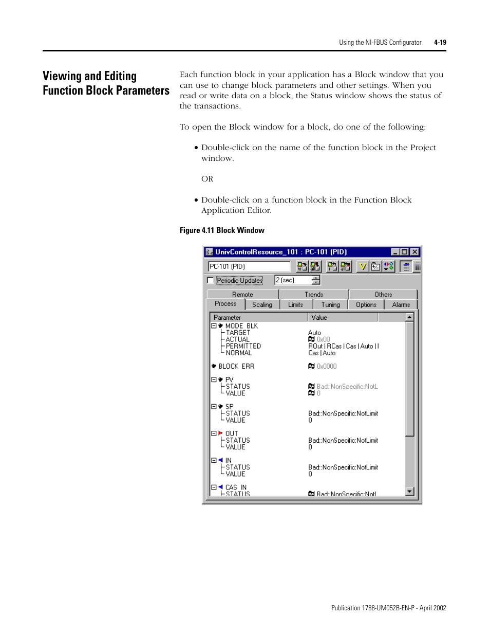 Viewing and editing function block parameters, Viewing and editing function block parameters -19, E viewing and editing function block parameters s | Viewing and editing function block parameters s | Rockwell Automation 1788-FFCT NI-FBUS Configurator User Manual User Manual | Page 47 / 86