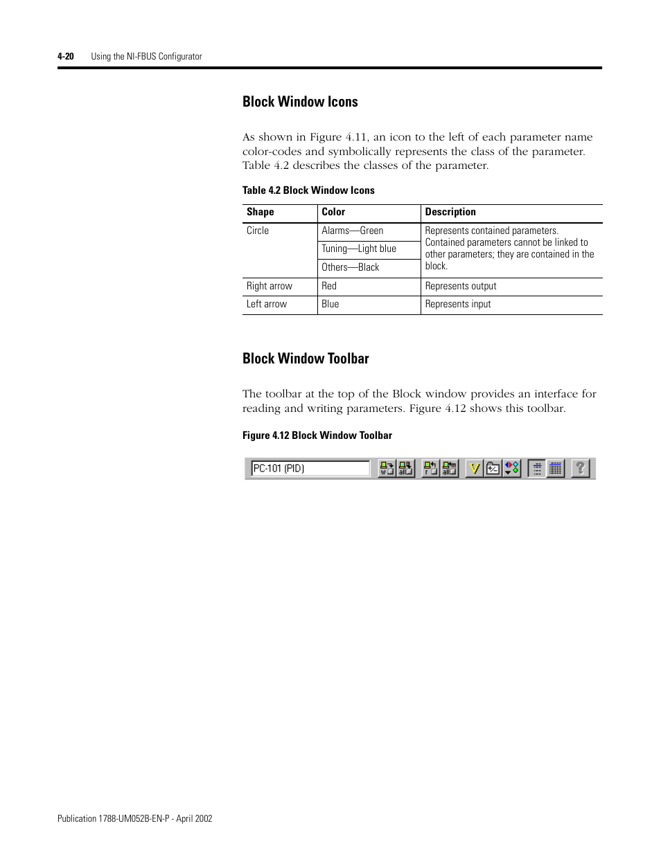 Block window icons -20 block window toolbar -20, Block window icons, Block window toolbar | Rockwell Automation 1788-FFCT NI-FBUS Configurator User Manual User Manual | Page 48 / 86