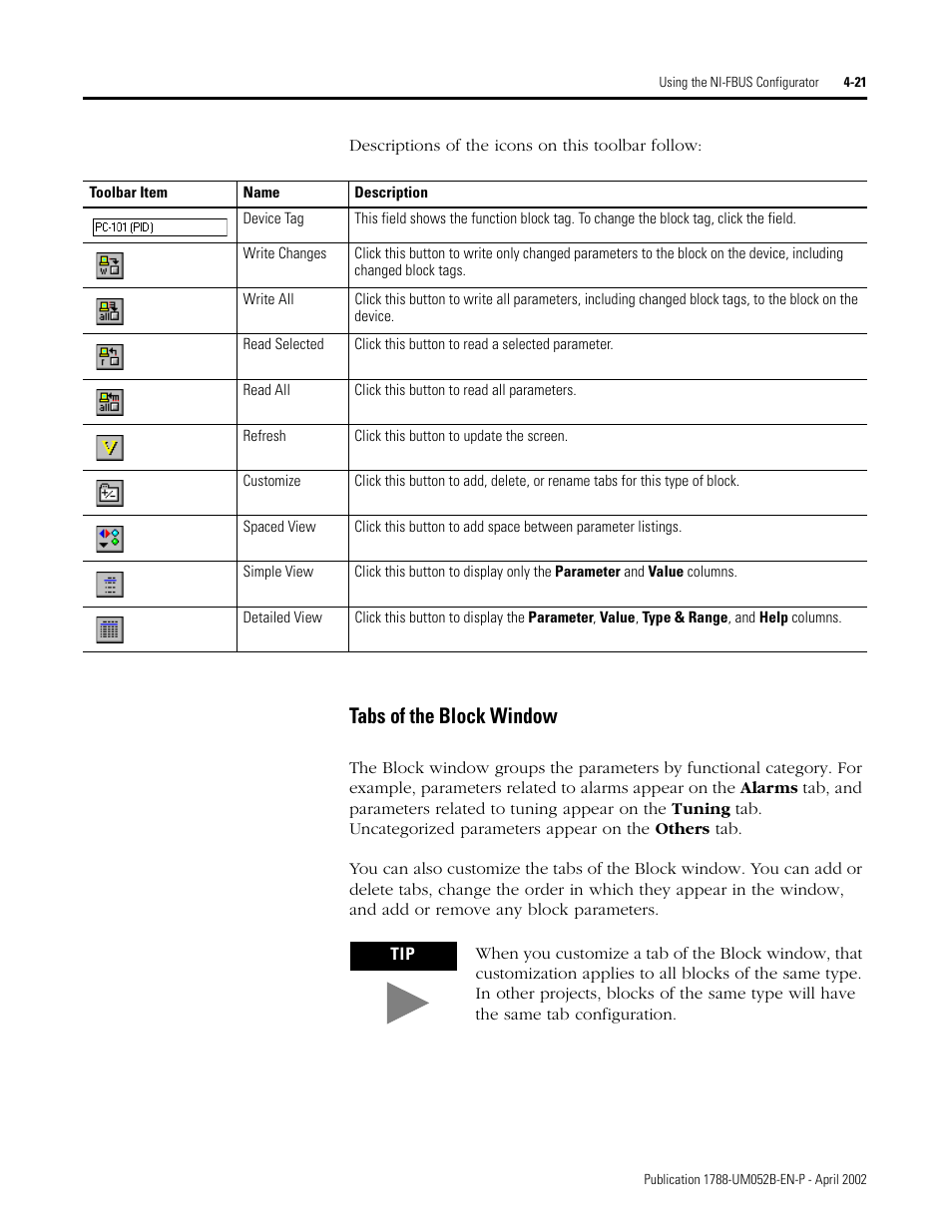 Tabs of the block window -21, Tabs of the block window | Rockwell Automation 1788-FFCT NI-FBUS Configurator User Manual User Manual | Page 49 / 86