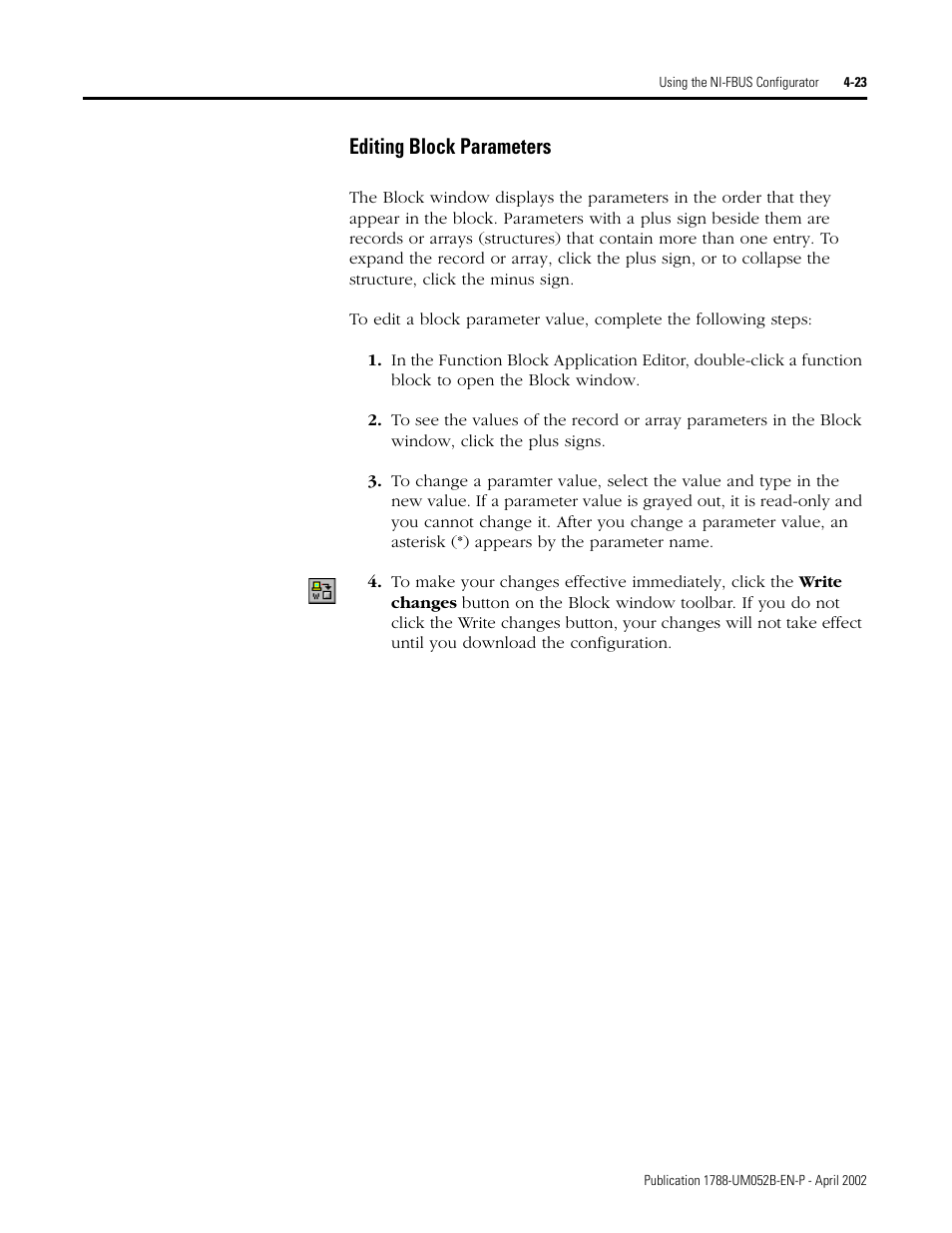 Editing block parameters -23, Editing block parameters | Rockwell Automation 1788-FFCT NI-FBUS Configurator User Manual User Manual | Page 51 / 86