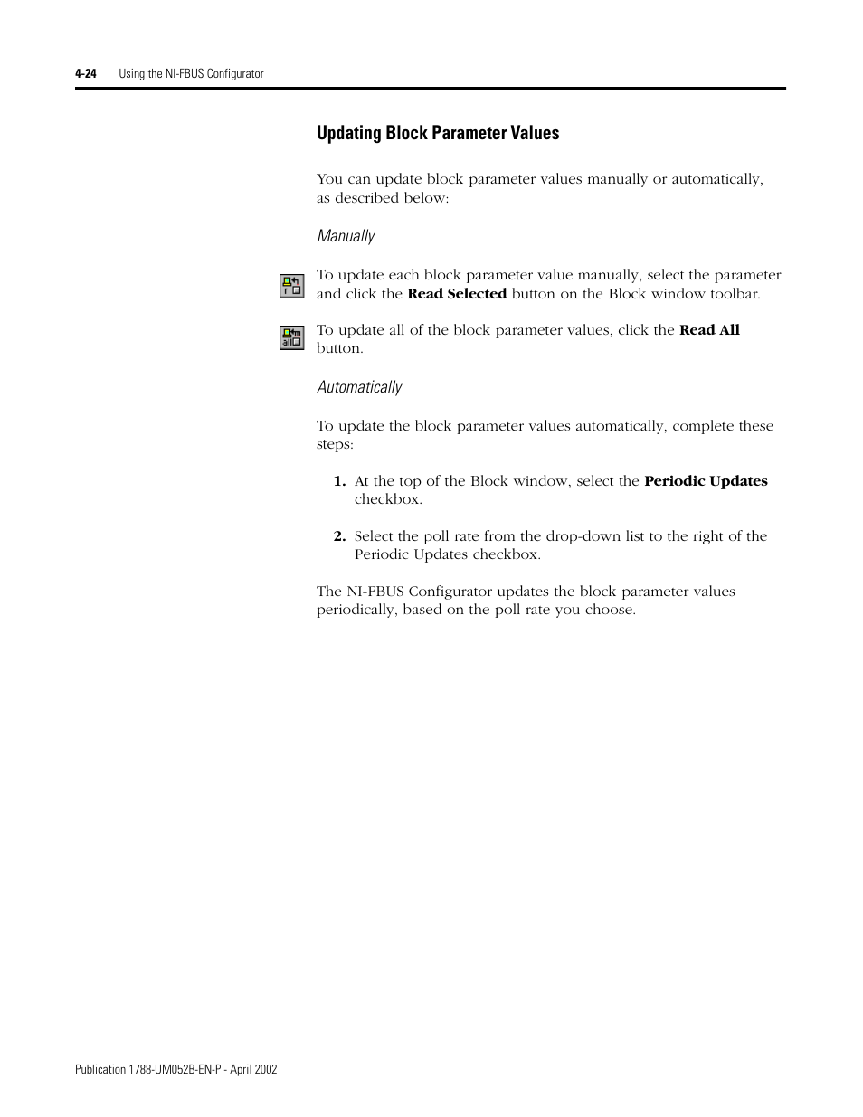 Updating block parameter values -24, Updating block parameter values | Rockwell Automation 1788-FFCT NI-FBUS Configurator User Manual User Manual | Page 52 / 86