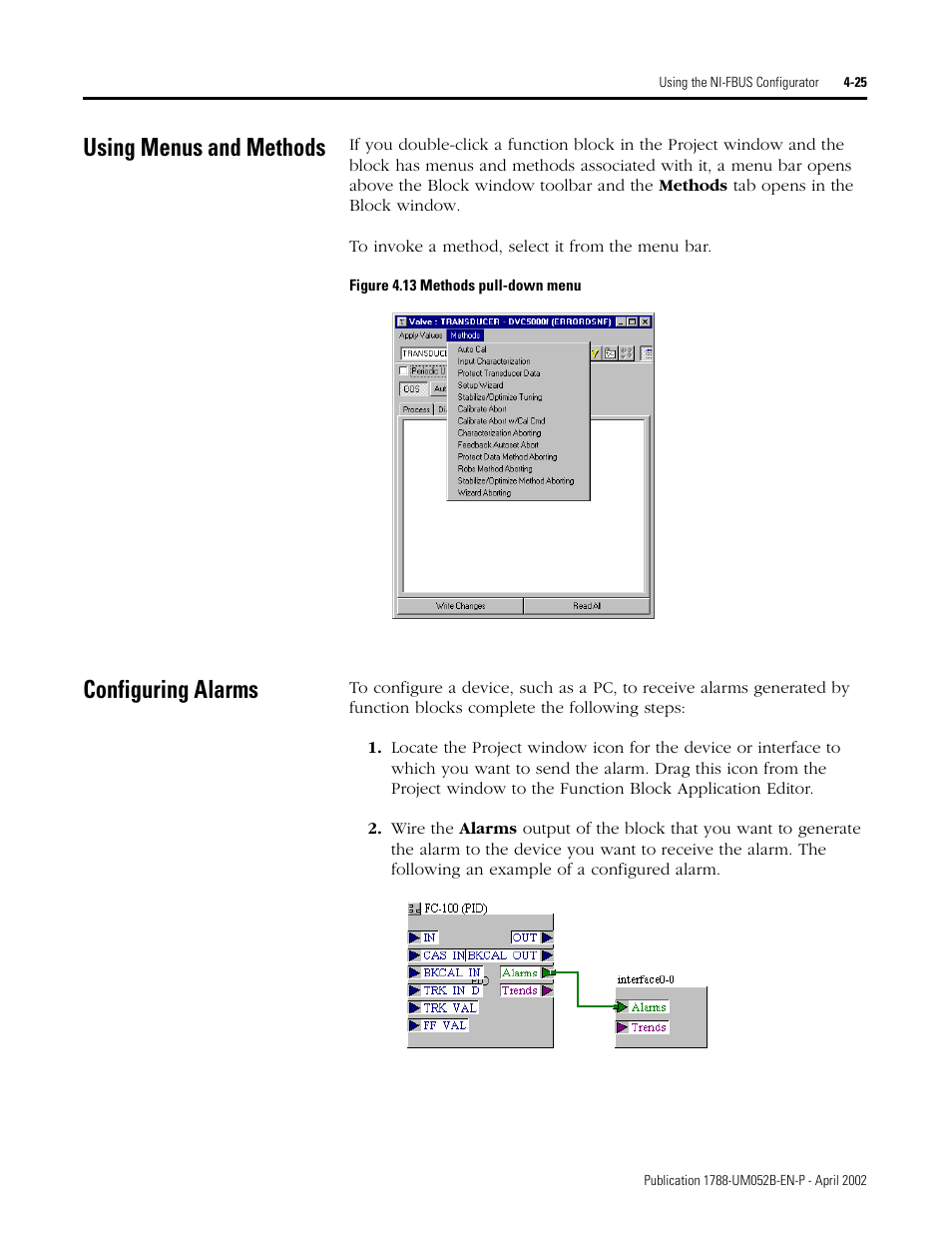 Using menus and methods, Configuring alarms, Using menus and methods -25 configuring alarms -25 | Configuring alarms se, Configuring alarms and | Rockwell Automation 1788-FFCT NI-FBUS Configurator User Manual User Manual | Page 53 / 86