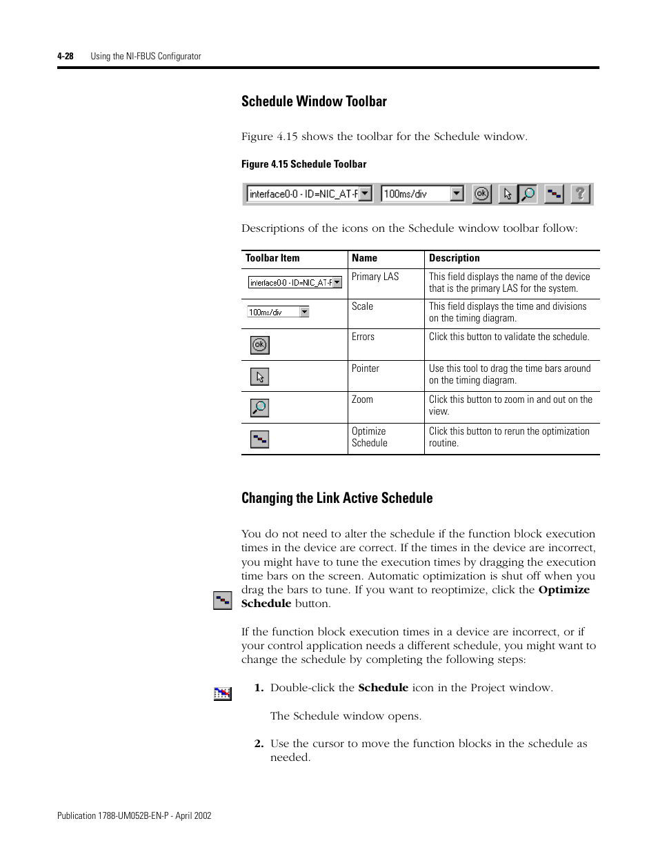 Schedule window toolbar, Changing the link active schedule | Rockwell Automation 1788-FFCT NI-FBUS Configurator User Manual User Manual | Page 56 / 86