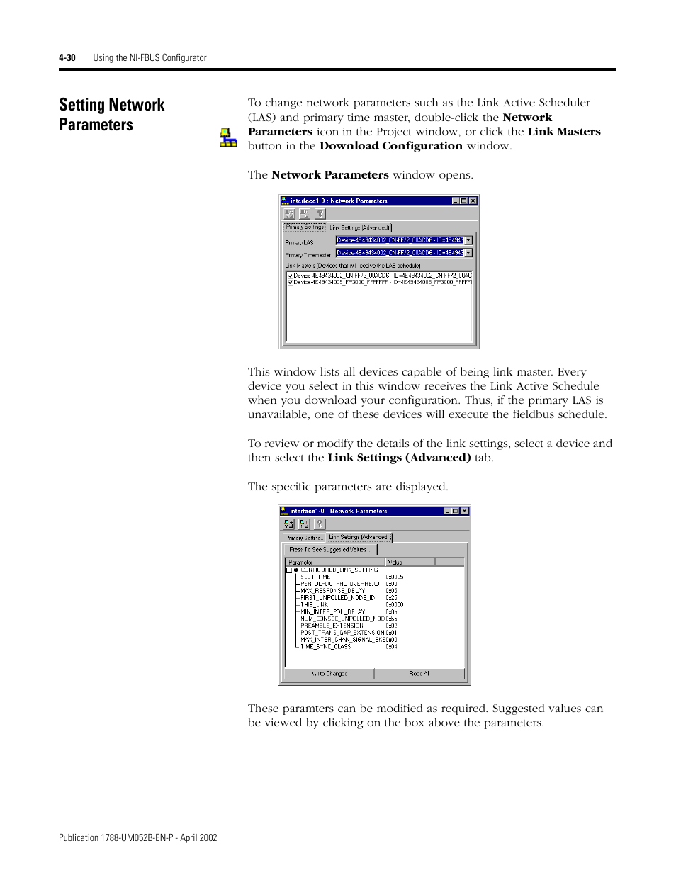 Setting network parameters, Setting network parameters -30 | Rockwell Automation 1788-FFCT NI-FBUS Configurator User Manual User Manual | Page 58 / 86