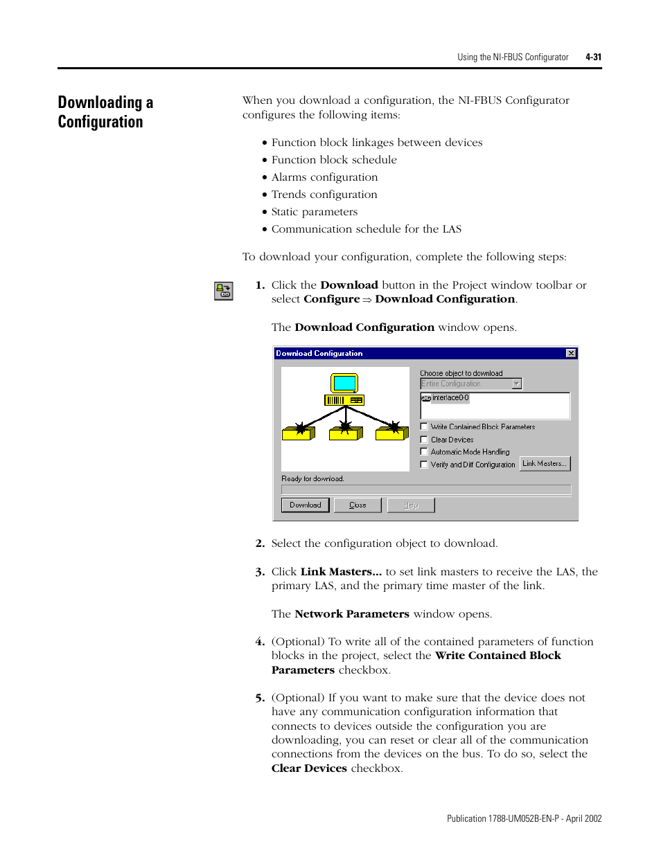 Downloading a configuration, Downloading a configuration -31, Downloading a configuration se | Rockwell Automation 1788-FFCT NI-FBUS Configurator User Manual User Manual | Page 59 / 86