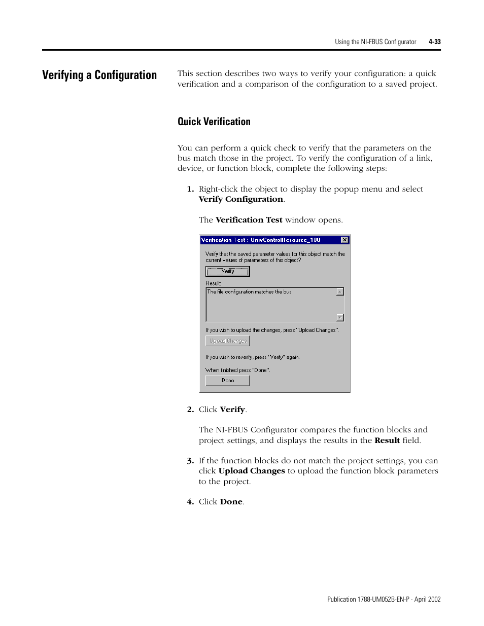 Verifying a configuration, Verifying a configuration -33, Quick verification -33 | Quick verification | Rockwell Automation 1788-FFCT NI-FBUS Configurator User Manual User Manual | Page 61 / 86