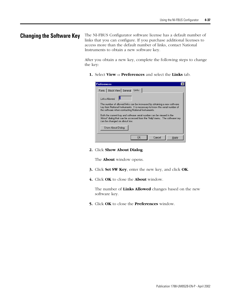 Changing the software key, Changing the software key -37 | Rockwell Automation 1788-FFCT NI-FBUS Configurator User Manual User Manual | Page 65 / 86