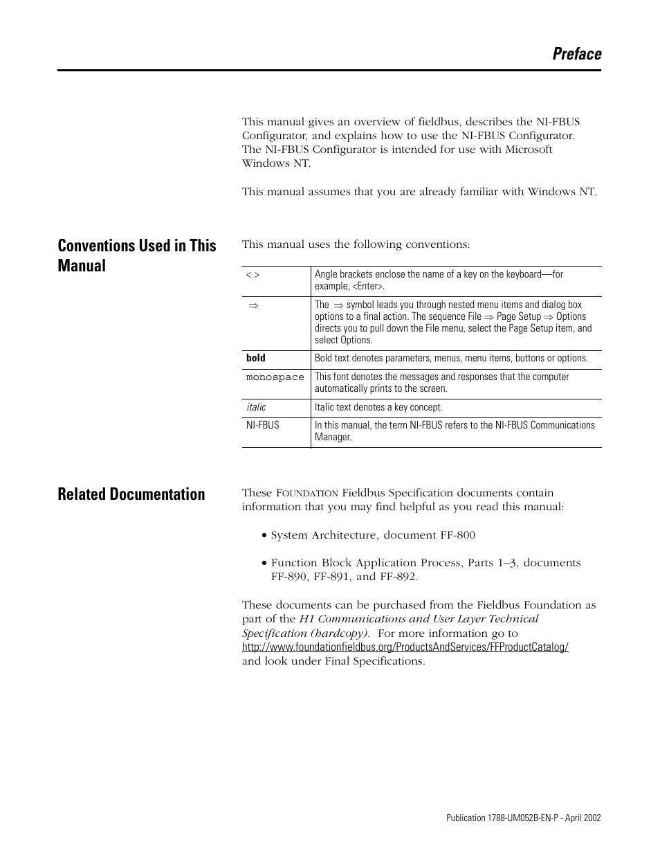 Preface, Conventions used in this manual, Related documentation | Rockwell Automation 1788-FFCT NI-FBUS Configurator User Manual User Manual | Page 7 / 86