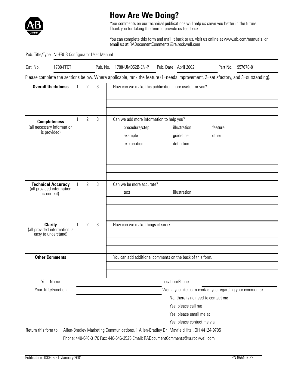 How are we doing | Rockwell Automation 1788-FFCT NI-FBUS Configurator User Manual User Manual | Page 83 / 86