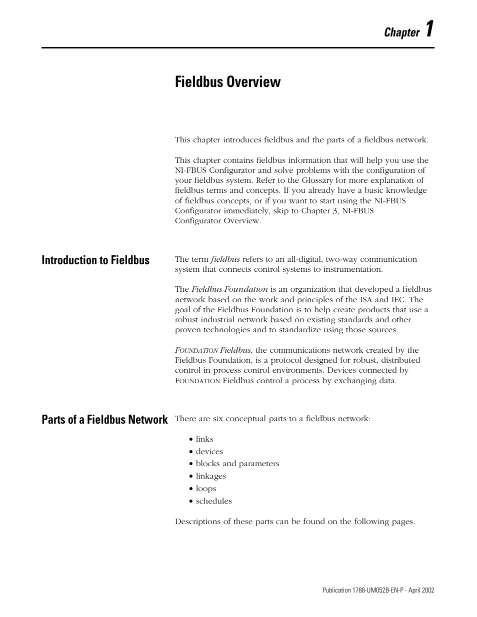 Chapter 1, fieldbus overview, Introduction to fieldbus, Parts of a fieldbus network | Chapter 1, Fieldbus overview, Chapter | Rockwell Automation 1788-FFCT NI-FBUS Configurator User Manual User Manual | Page 9 / 86