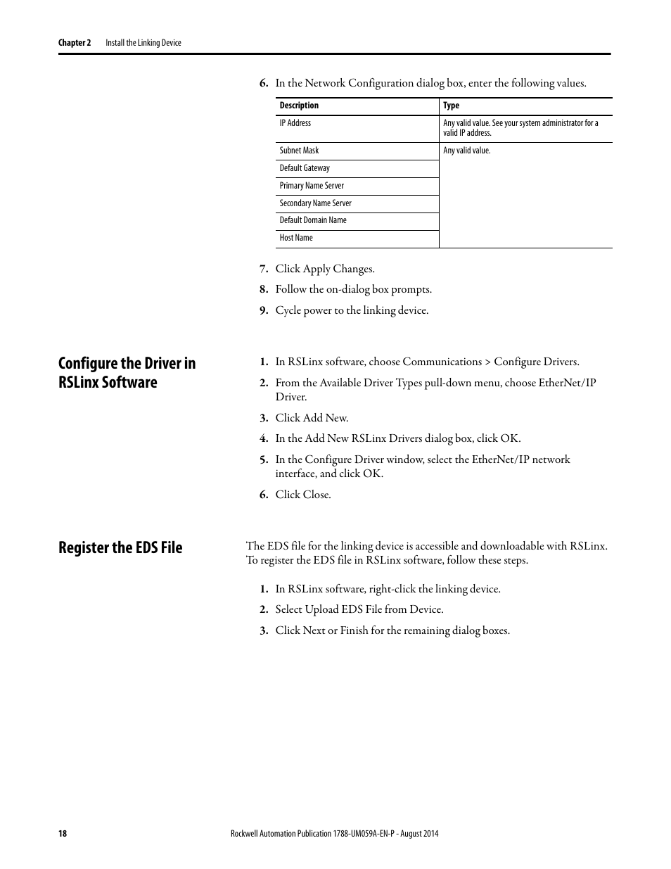 Configure the driver in rslinx software, Register the eds file | Rockwell Automation 1788-EN2DNR EtherNet/IP to DeviceNet Linking Device User Manual User Manual | Page 18 / 52