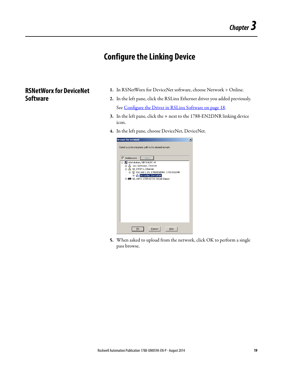 3 - configure the linking device, Rsnetworx for devicenet software, Chapter 3 | Configure the linking device, Chapter | Rockwell Automation 1788-EN2DNR EtherNet/IP to DeviceNet Linking Device User Manual User Manual | Page 19 / 52