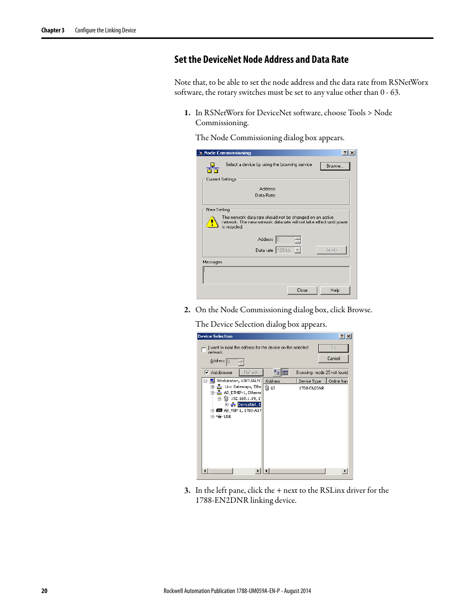 Set the devicenet node address and data rate | Rockwell Automation 1788-EN2DNR EtherNet/IP to DeviceNet Linking Device User Manual User Manual | Page 20 / 52