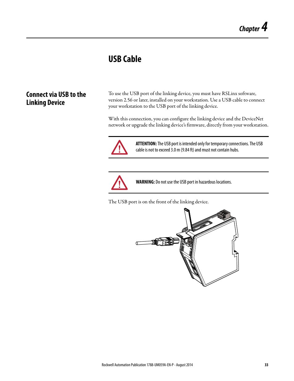 4 - usb cable, Connect via usb to the linking device, Chapter 4 | Usb cable | Rockwell Automation 1788-EN2DNR EtherNet/IP to DeviceNet Linking Device User Manual User Manual | Page 33 / 52