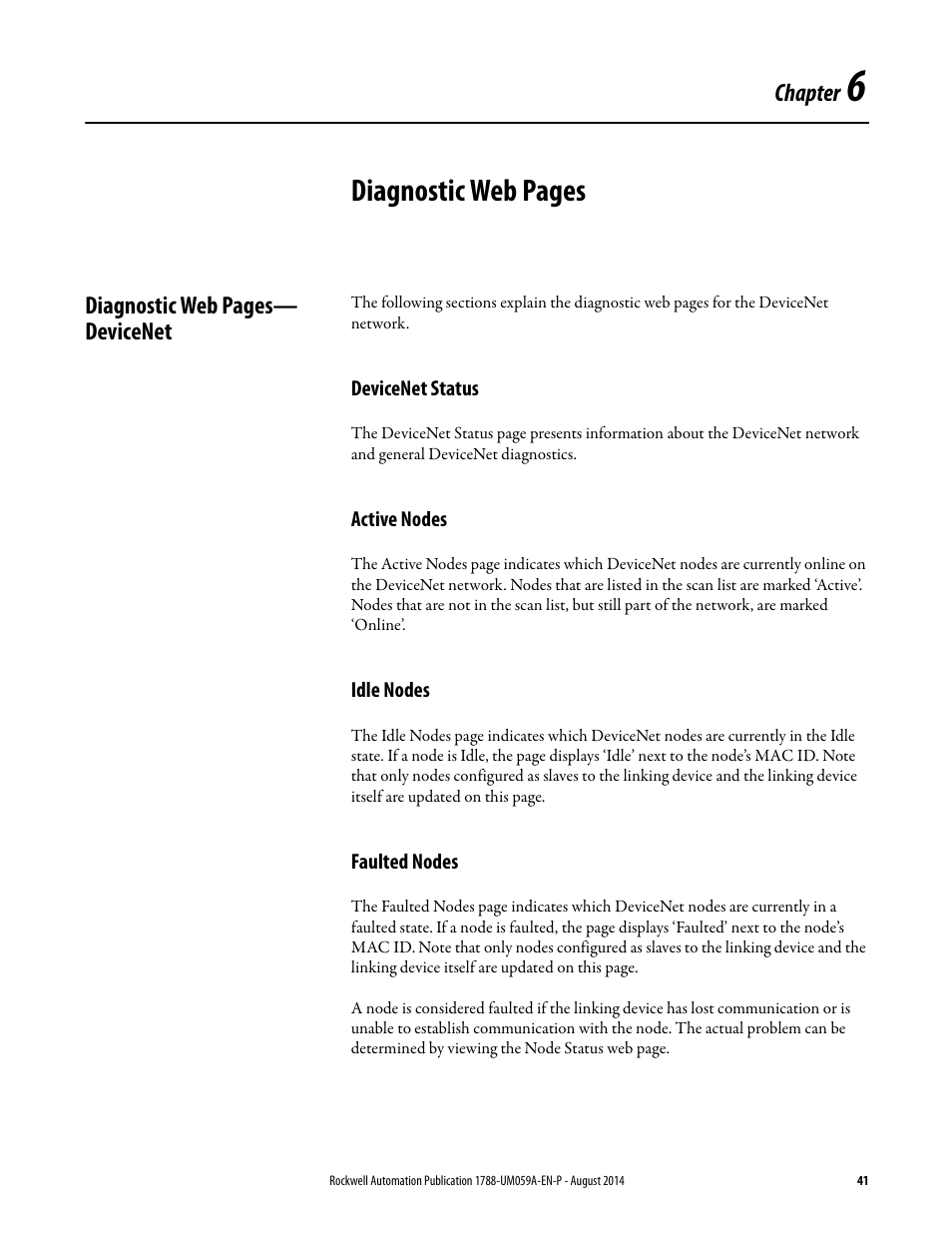 Devicenet status, Active nodes, Idle nodes | Faulted nodes, Chapter 6, Diagnostic web pages | Rockwell Automation 1788-EN2DNR EtherNet/IP to DeviceNet Linking Device User Manual User Manual | Page 41 / 52