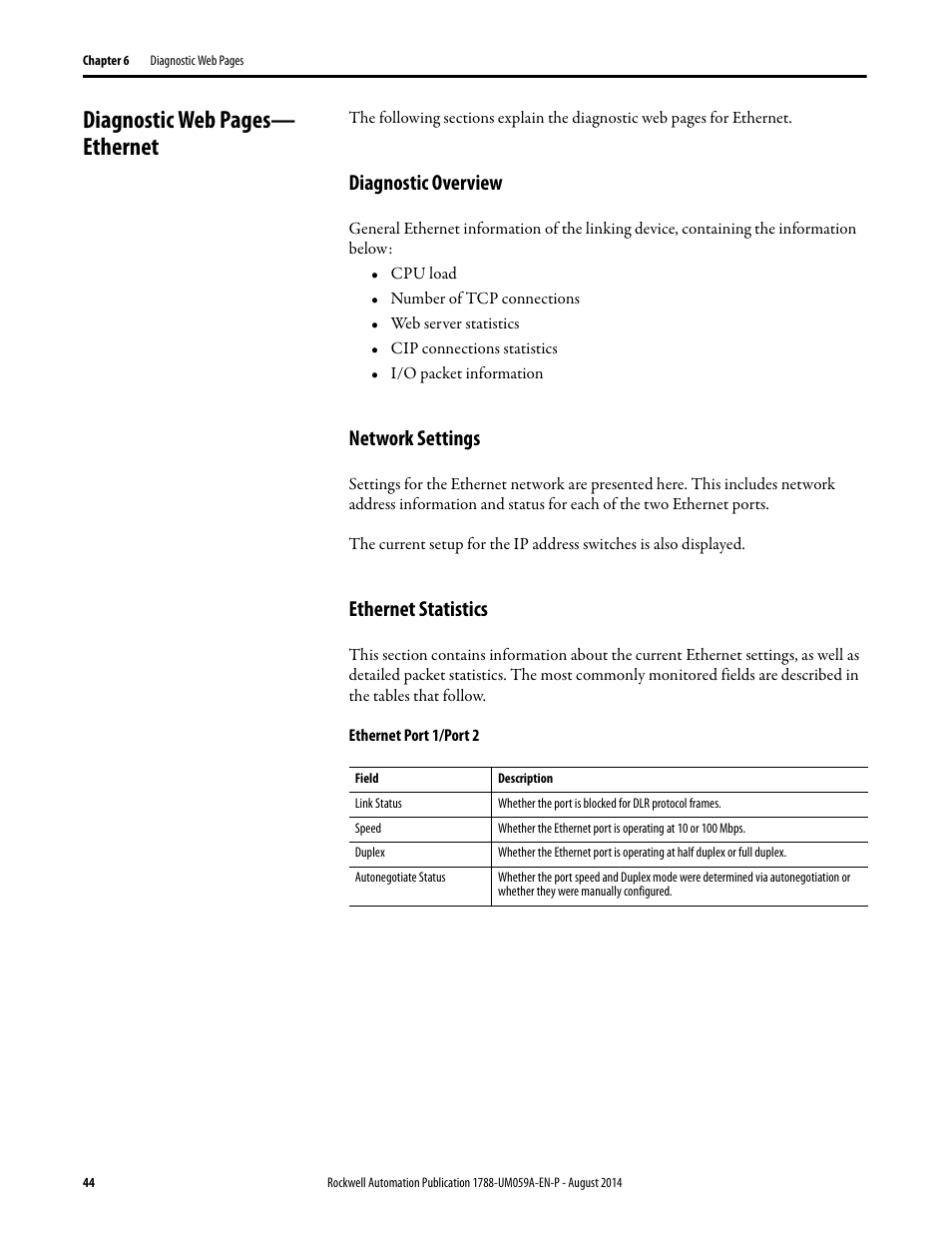 Diagnostic overview, Network settings, Ethernet statistics | Diagnostic web pages— ethernet | Rockwell Automation 1788-EN2DNR EtherNet/IP to DeviceNet Linking Device User Manual User Manual | Page 44 / 52