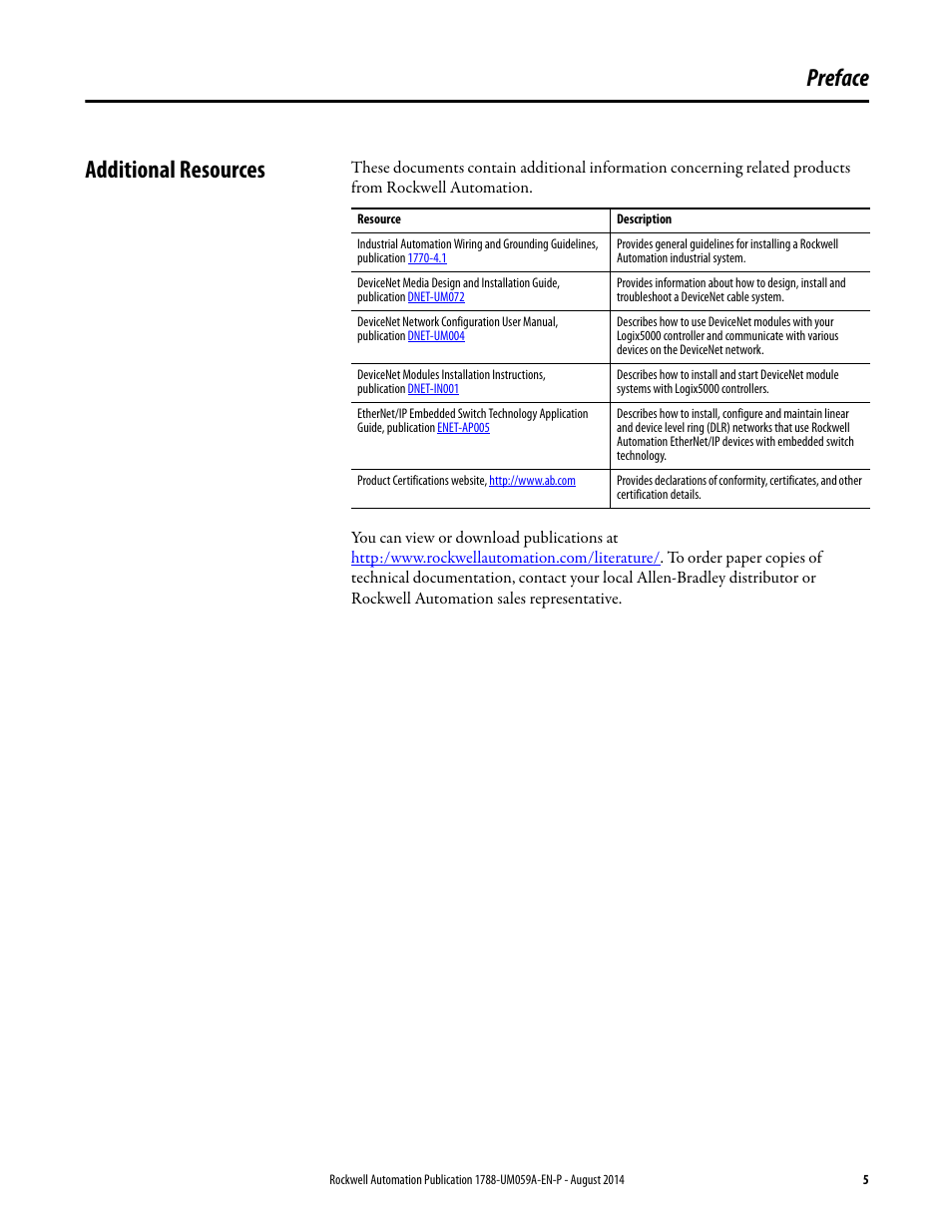 Preface, Additional resources, Preface additional resources | Rockwell Automation 1788-EN2DNR EtherNet/IP to DeviceNet Linking Device User Manual User Manual | Page 5 / 52