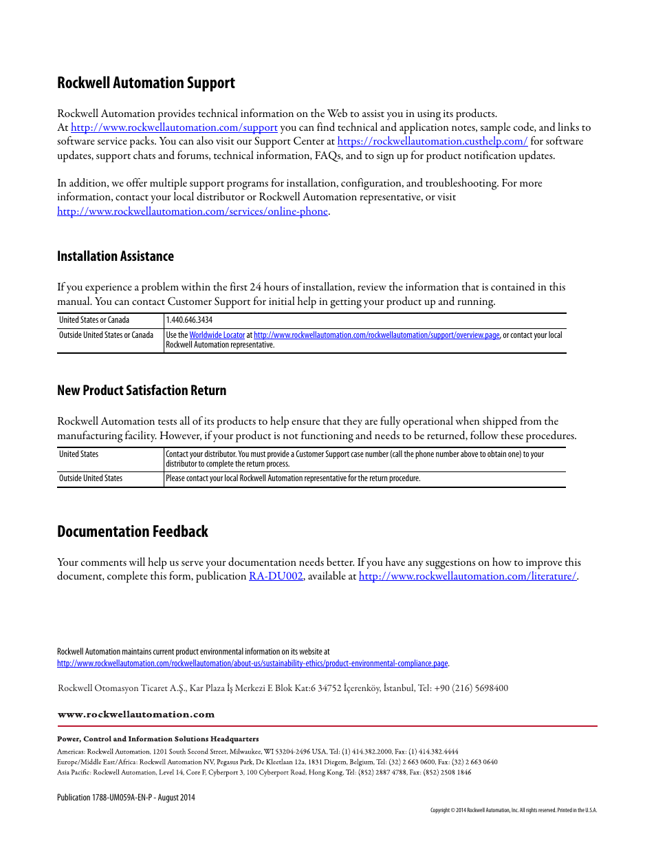 Back cover, Rockwell automation support, Documentation feedback | Installation assistance, New product satisfaction return | Rockwell Automation 1788-EN2DNR EtherNet/IP to DeviceNet Linking Device User Manual User Manual | Page 52 / 52