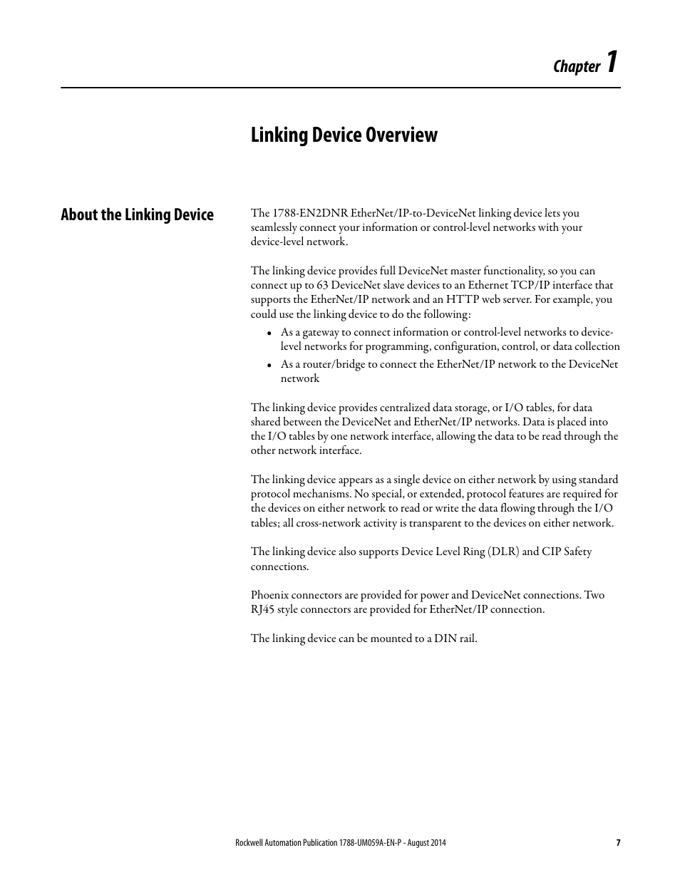 1 - linking device overview, About the linking device, Chapter 1 | Linking device overview, Chapter | Rockwell Automation 1788-EN2DNR EtherNet/IP to DeviceNet Linking Device User Manual User Manual | Page 7 / 52