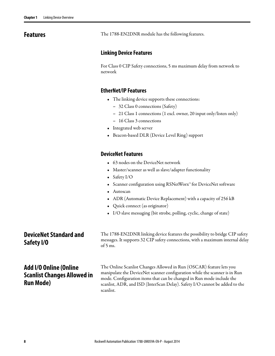Features, Linking device features, Ethernet/ip features | Devicenet features, Devicenet standard and safety i/o | Rockwell Automation 1788-EN2DNR EtherNet/IP to DeviceNet Linking Device User Manual User Manual | Page 8 / 52