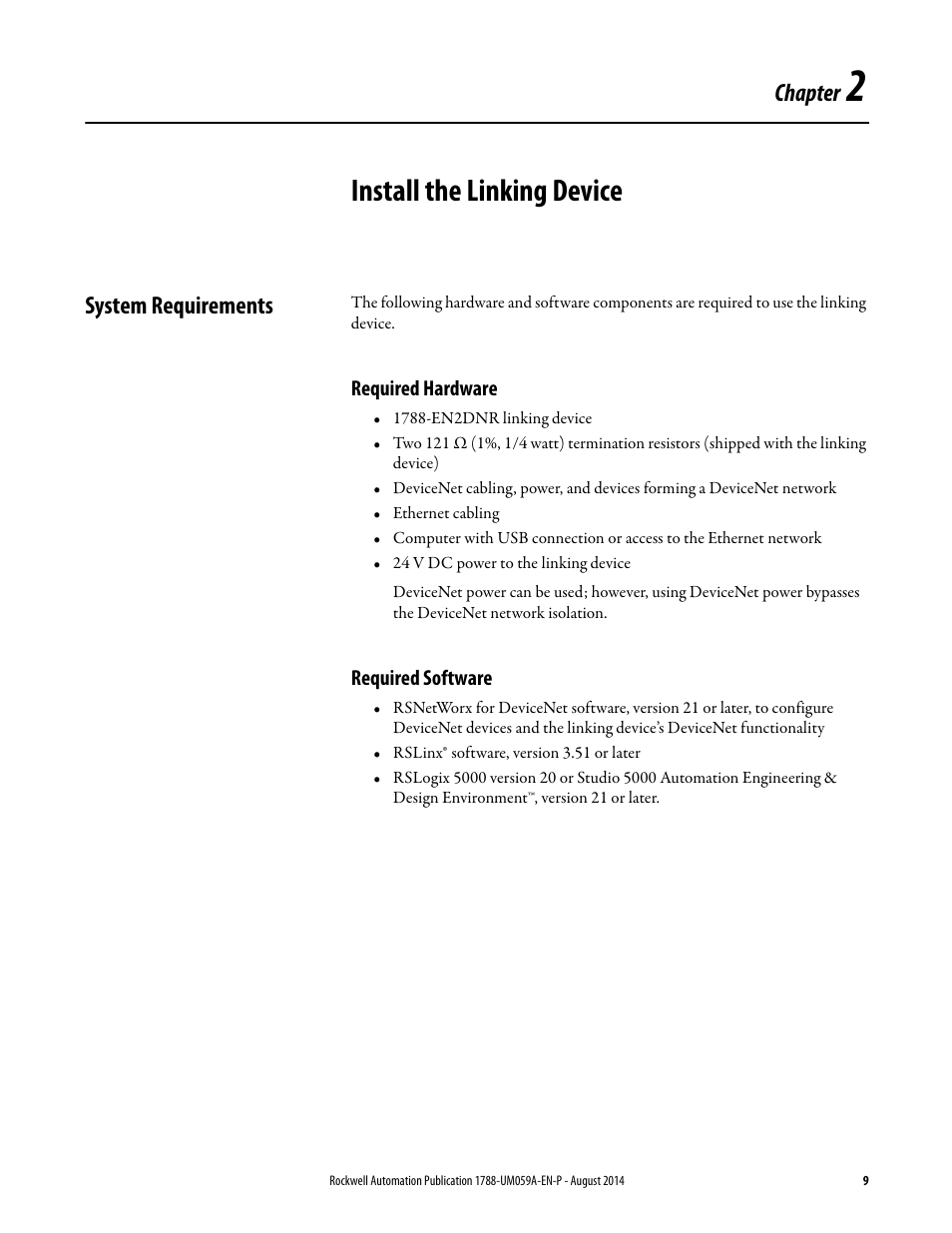 2 - install the linking device, System requirements, Required hardware | Required software, Chapter 2, Install the linking device, Required hardware required software, Chapter | Rockwell Automation 1788-EN2DNR EtherNet/IP to DeviceNet Linking Device User Manual User Manual | Page 9 / 52