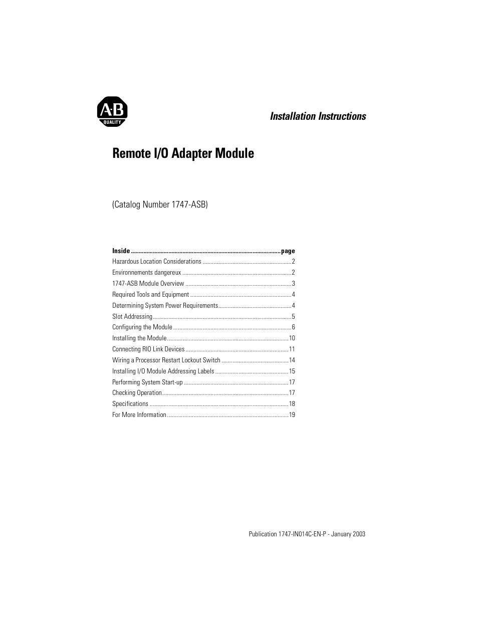 Rockwell Automation 1747-ASB Remote I/O Adapter Module User Manual | 20 pages