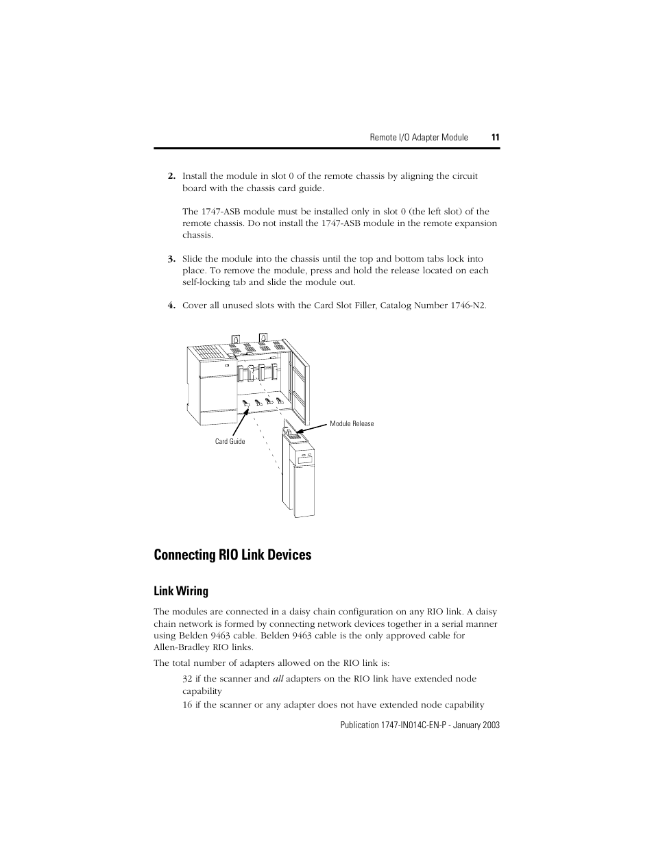 Connecting rio link devices, Link wiring | Rockwell Automation 1747-ASB Remote I/O Adapter Module User Manual | Page 11 / 20