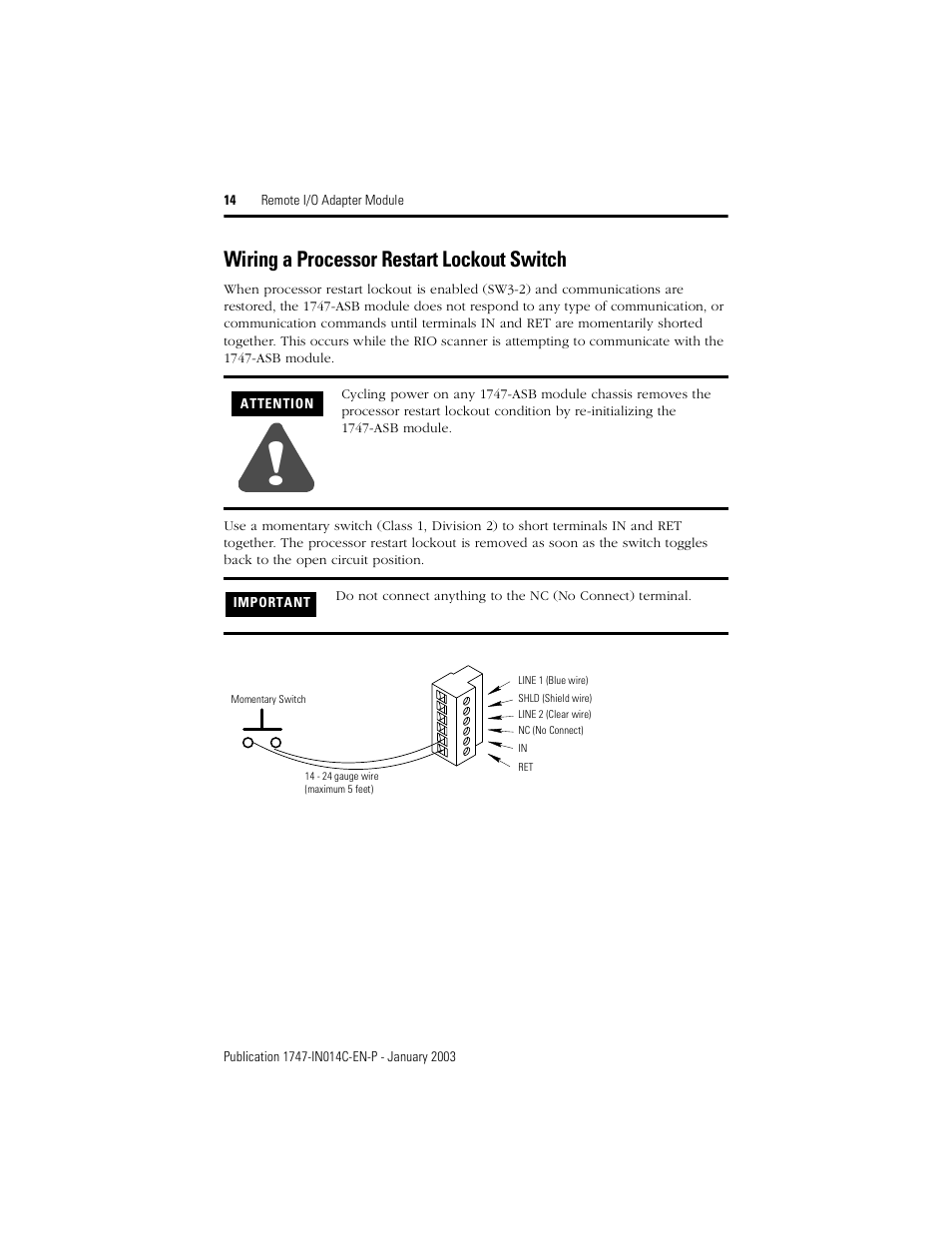 Wiring a processor restart lockout switch | Rockwell Automation 1747-ASB Remote I/O Adapter Module User Manual | Page 14 / 20