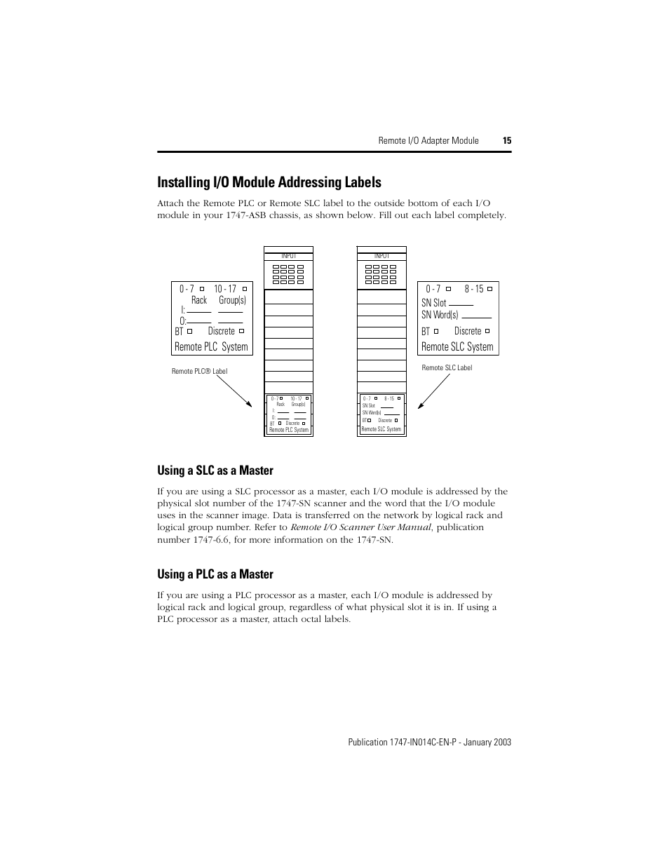 Installing i/o module addressing labels, Using a slc as a master, Using a plc as a master | Remote plc system, Remote slc system | Rockwell Automation 1747-ASB Remote I/O Adapter Module User Manual | Page 15 / 20