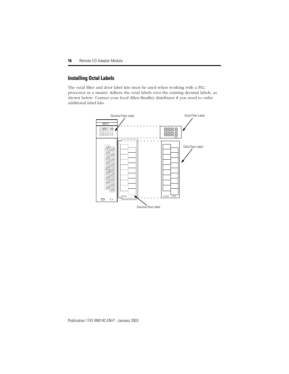 Installing octal labels | Rockwell Automation 1747-ASB Remote I/O Adapter Module User Manual | Page 16 / 20