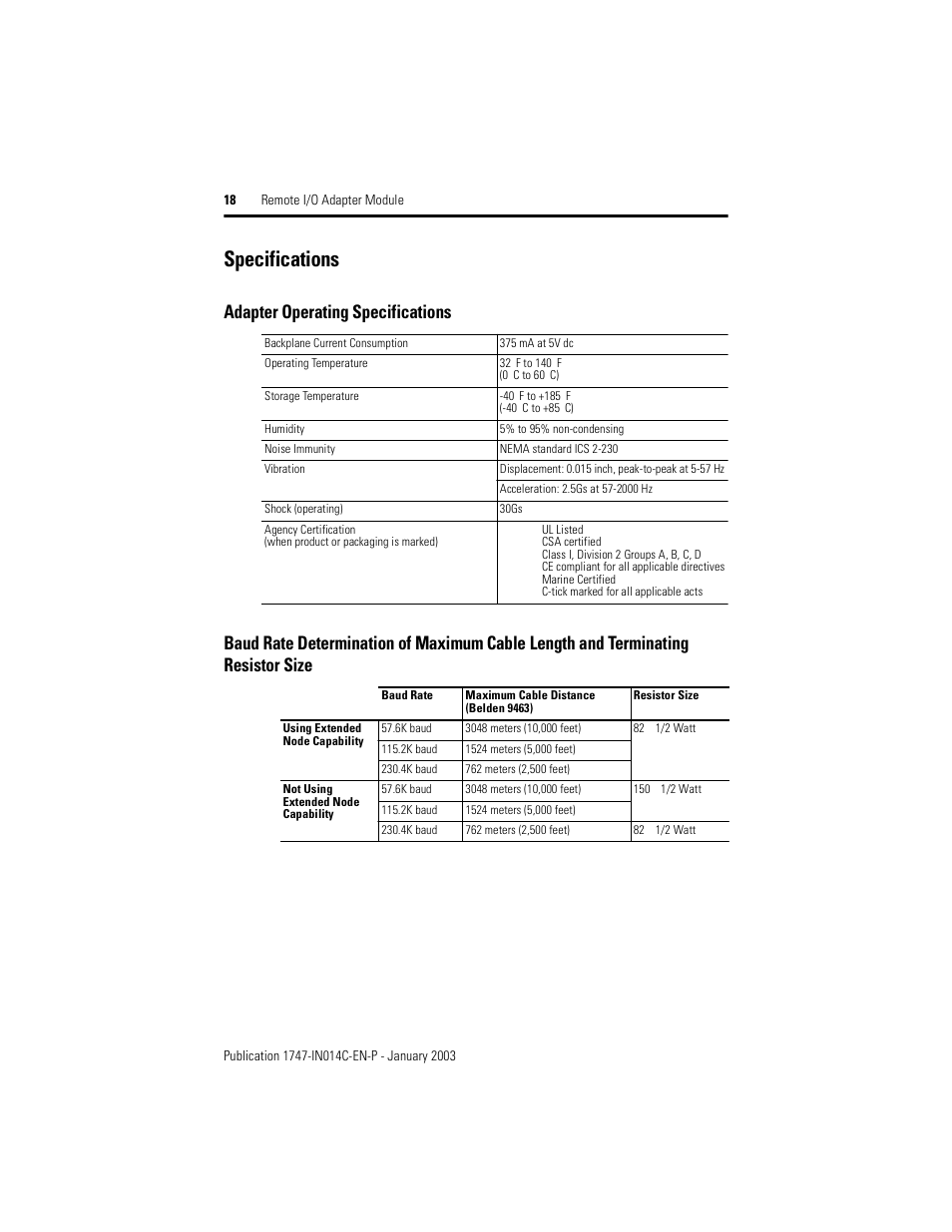 Specifications | Rockwell Automation 1747-ASB Remote I/O Adapter Module User Manual | Page 18 / 20