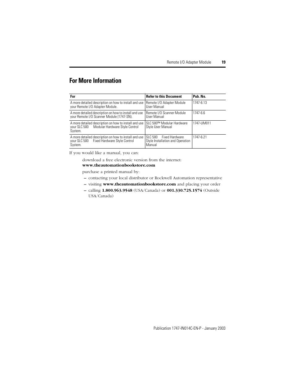 For more information | Rockwell Automation 1747-ASB Remote I/O Adapter Module User Manual | Page 19 / 20