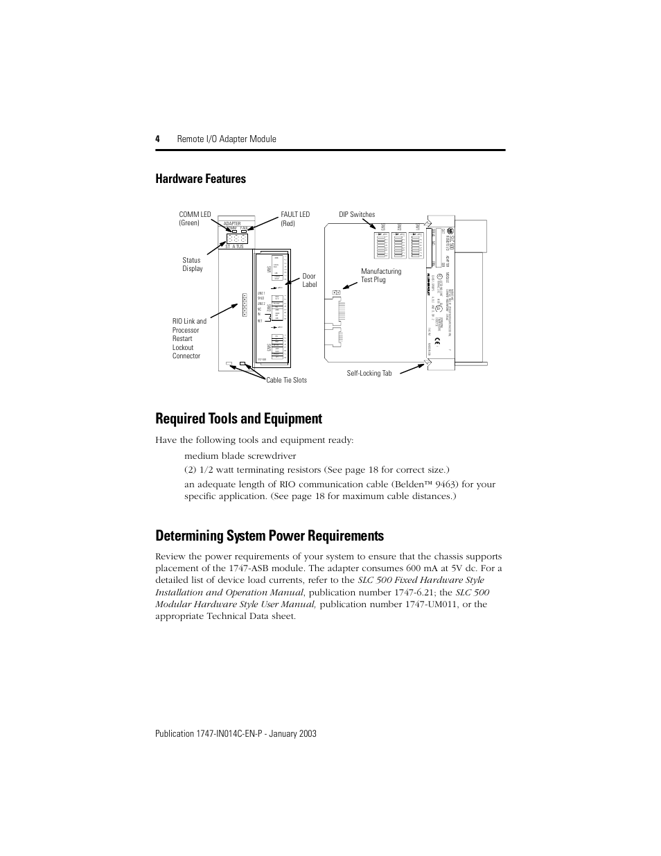 Required tools and equipment, Determining system power requirements, Hardware features | Rockwell Automation 1747-ASB Remote I/O Adapter Module User Manual | Page 4 / 20