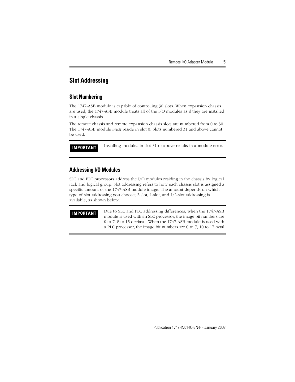 Slot addressing, Slot numbering, Addressing i/o modules | Rockwell Automation 1747-ASB Remote I/O Adapter Module User Manual | Page 5 / 20
