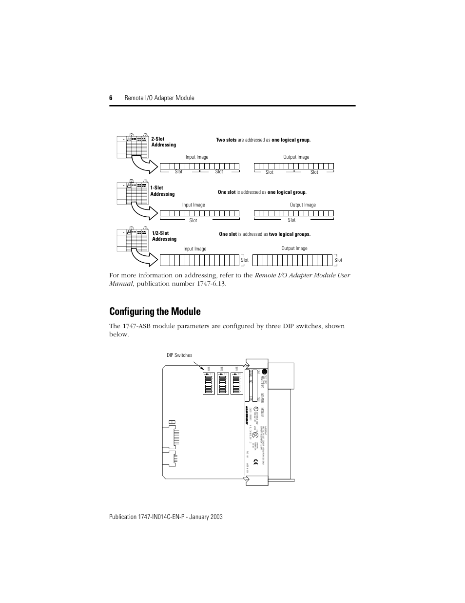 Configuring the module, Dip switches | Rockwell Automation 1747-ASB Remote I/O Adapter Module User Manual | Page 6 / 20