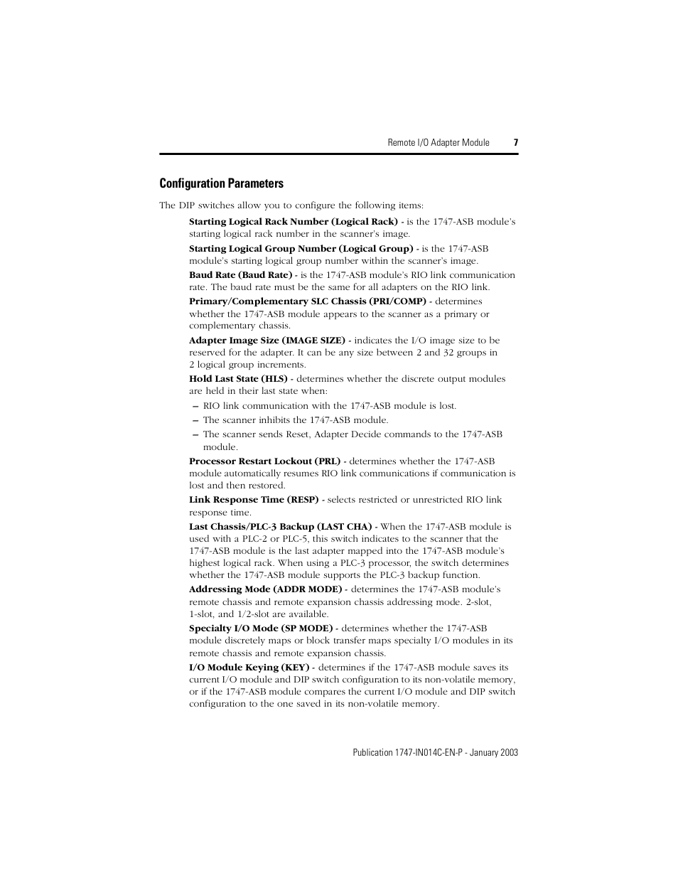 Configuration parameters | Rockwell Automation 1747-ASB Remote I/O Adapter Module User Manual | Page 7 / 20