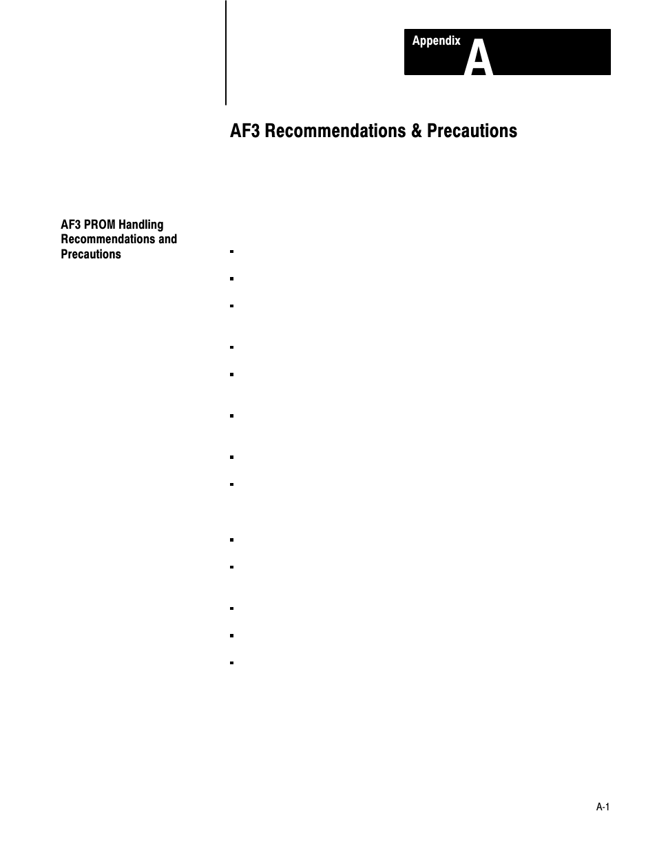 1772-6.5.2, a - recommendations and precautions, Af3 recommendations & precautions | Rockwell Automation 1772-AF3,D17726.5.2 User Manual AUX FUNCT PROM User Manual | Page 30 / 32
