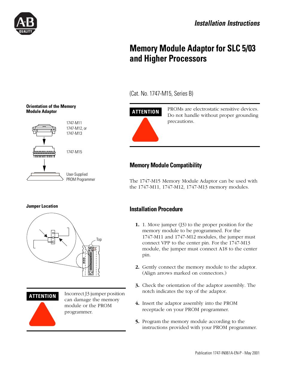 Rockwell Automation 1747-Mxx Memory Module Adaptor Installation Instructions User Manual | 2 pages