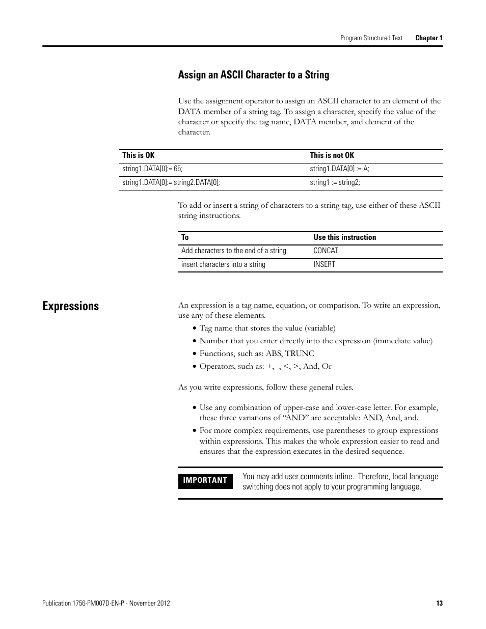 Assign an ascii character to a string, Expressions | Rockwell Automation Logix5000 Controllers Structured Text Programming Manual User Manual | Page 13 / 40