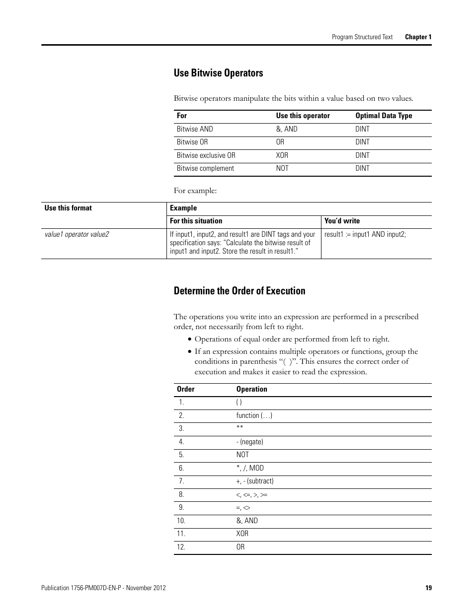 Use bitwise operators, Determine the order of execution | Rockwell Automation Logix5000 Controllers Structured Text Programming Manual User Manual | Page 19 / 40