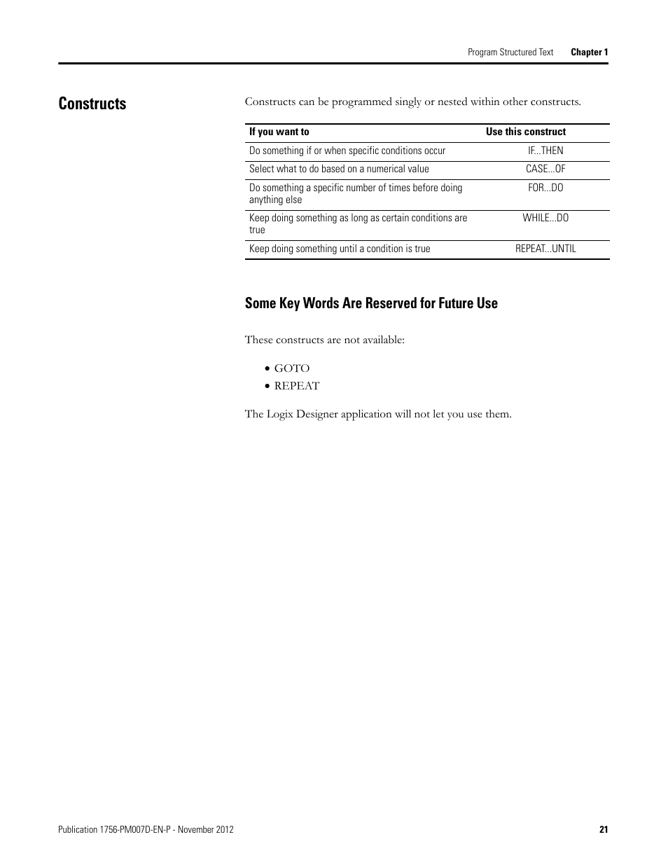 Constructs, Some key words are reserved for future use | Rockwell Automation Logix5000 Controllers Structured Text Programming Manual User Manual | Page 21 / 40