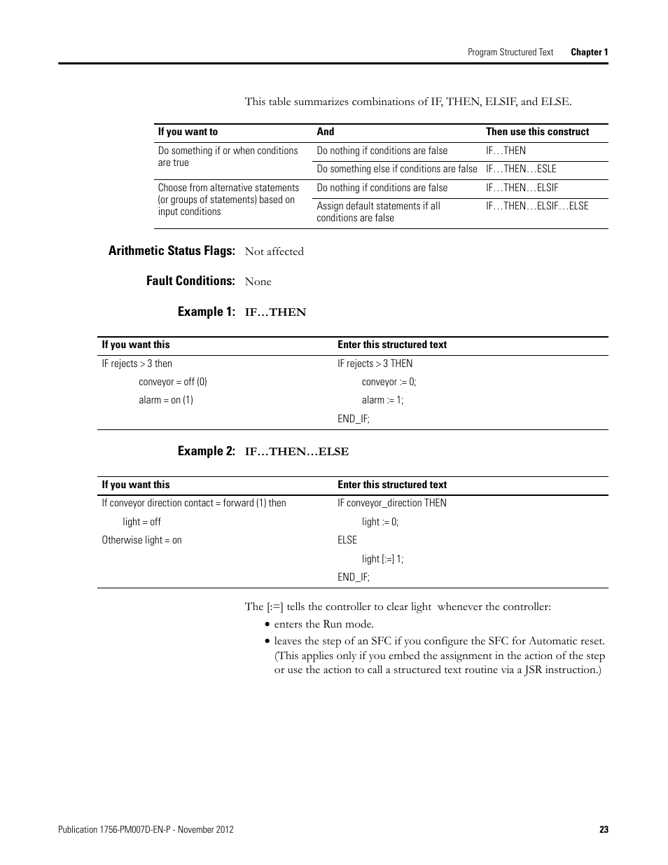 Arithmetic status flags, Fault conditions, Example 1 | Example 2 | Rockwell Automation Logix5000 Controllers Structured Text Programming Manual User Manual | Page 23 / 40