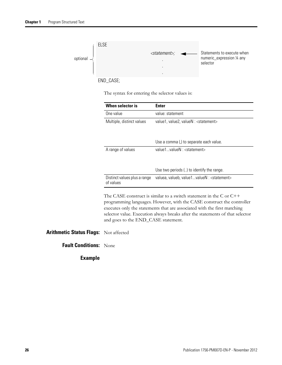 Arithmetic status flags, Fault conditions, Example | Rockwell Automation Logix5000 Controllers Structured Text Programming Manual User Manual | Page 26 / 40
