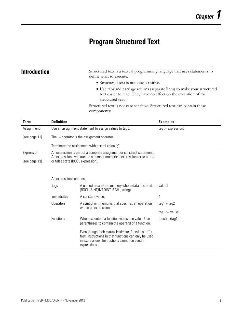 1 - program structured text, Introduction, Chapter 1 | Program structured text, Chapter | Rockwell Automation Logix5000 Controllers Structured Text Programming Manual User Manual | Page 9 / 40