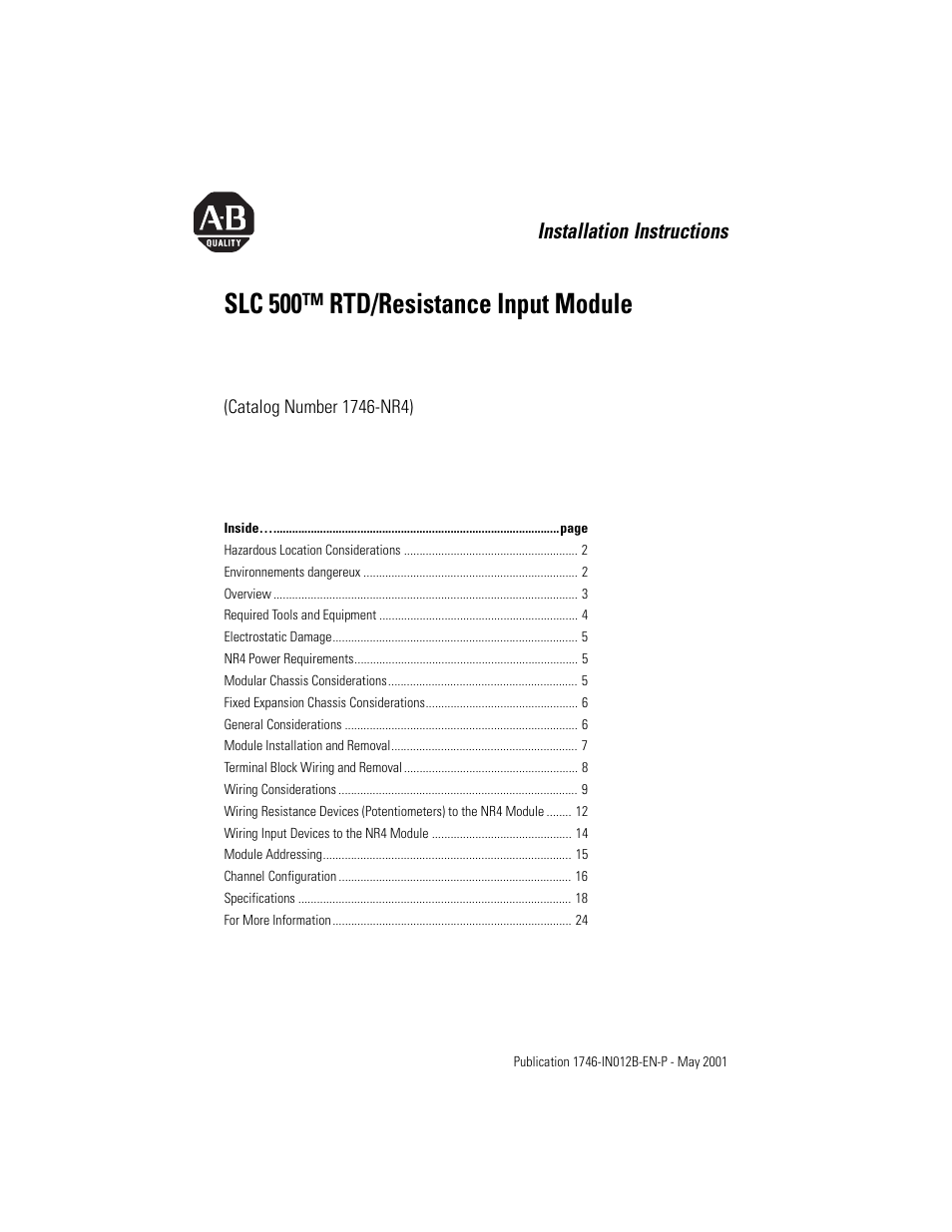 Rockwell Automation 1746-NR4 SLC 500 RTD/Resistance Input Module/ Instructions User Manual | 24 pages