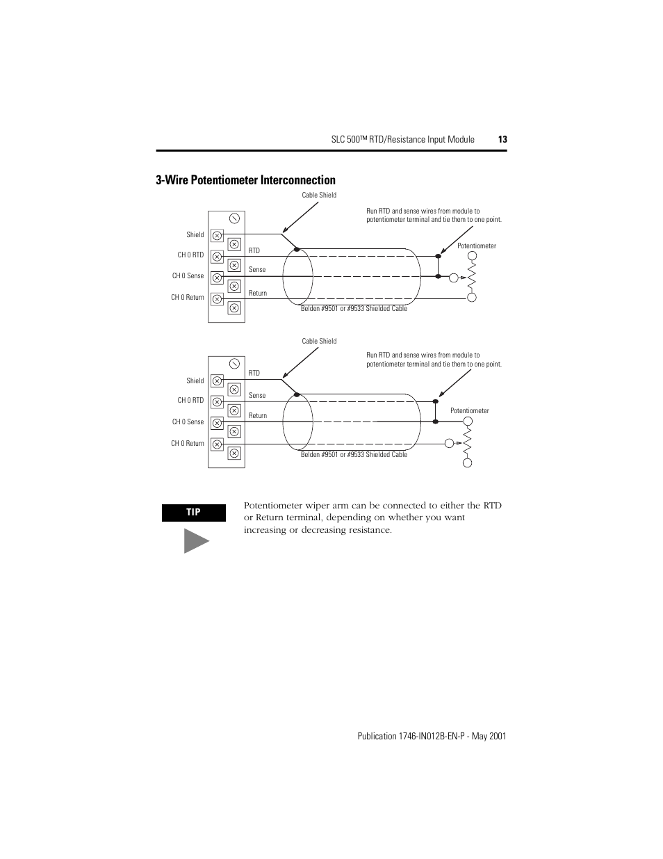 Wire potentiometer interconnection | Rockwell Automation 1746-NR4 SLC 500 RTD/Resistance Input Module/ Instructions User Manual | Page 13 / 24