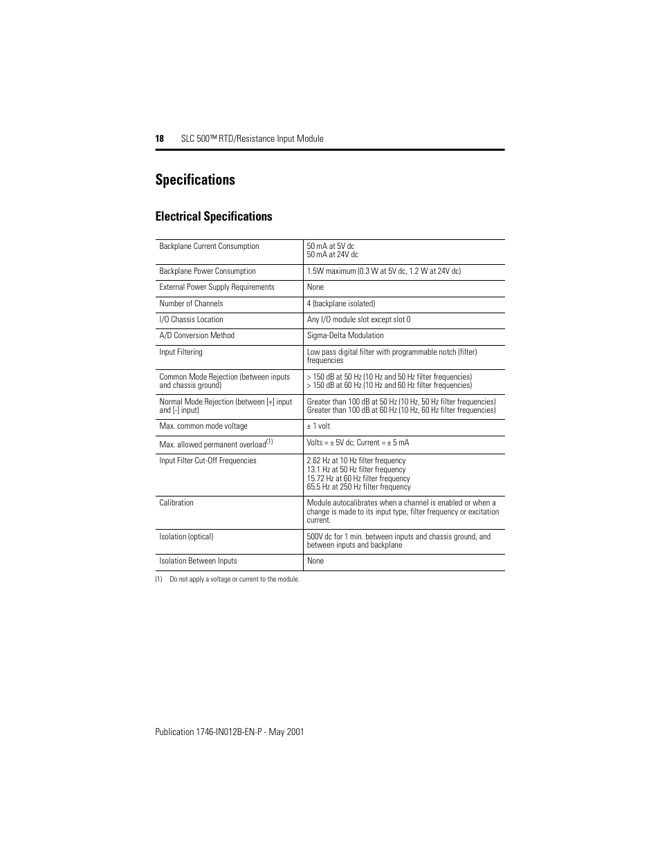 Specifications, Electrical specifications | Rockwell Automation 1746-NR4 SLC 500 RTD/Resistance Input Module/ Instructions User Manual | Page 18 / 24