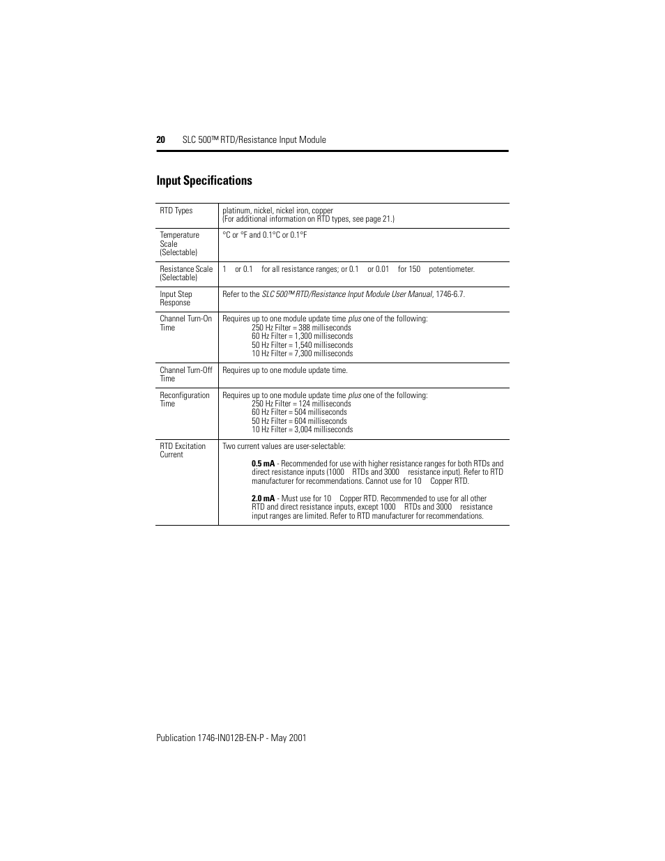 Input specifications | Rockwell Automation 1746-NR4 SLC 500 RTD/Resistance Input Module/ Instructions User Manual | Page 20 / 24