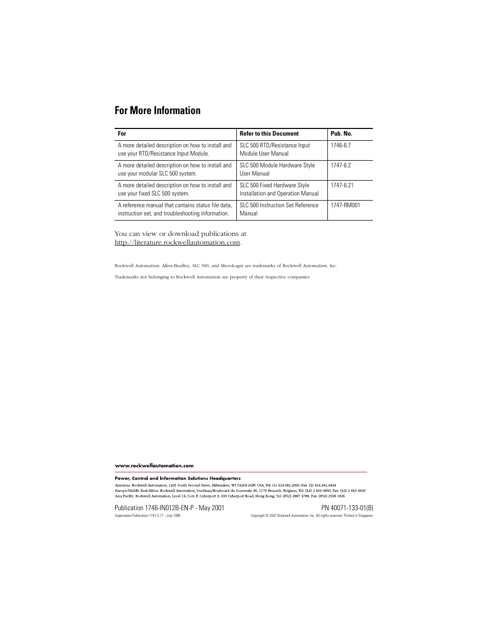 For more information, Back cover | Rockwell Automation 1746-NR4 SLC 500 RTD/Resistance Input Module/ Instructions User Manual | Page 24 / 24